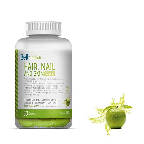 Belt Hair Nail And Skin Gummy Maça verde - 60 Gomas - Belt nutrition