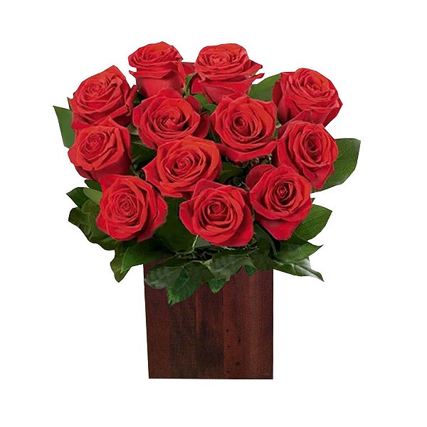 Arranjo Extravagante com 24 Rosas Colombianas Vermelhas no Cachepot de Madeira