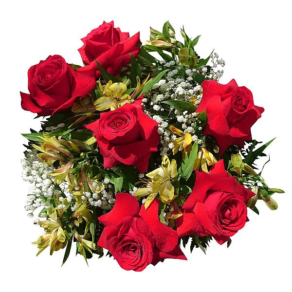 Buquê com 06 Rosas Colombianas Vermelhas e Astromélias