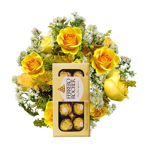 Buquê com 12 Rosas Amarelas Nacionais + Ferrero Rocher