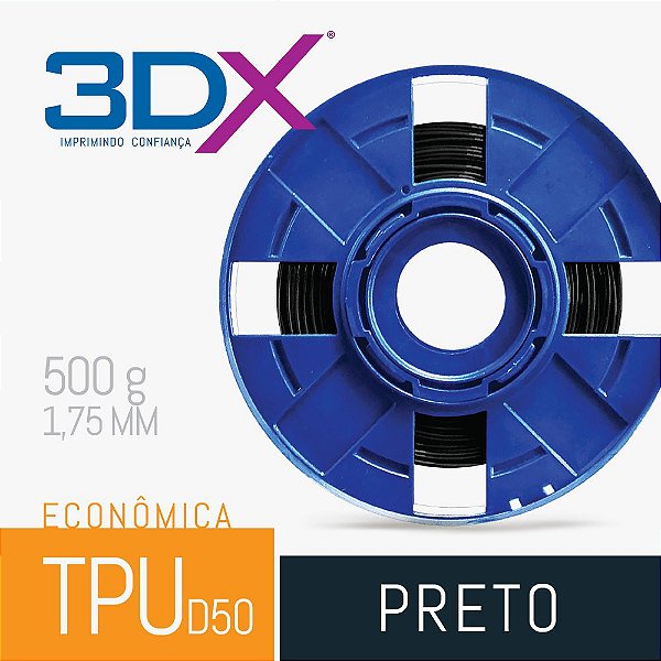 Filamento TPU S2 D60 Flexível 500g 1,75 Preto - 3DX Filamentos