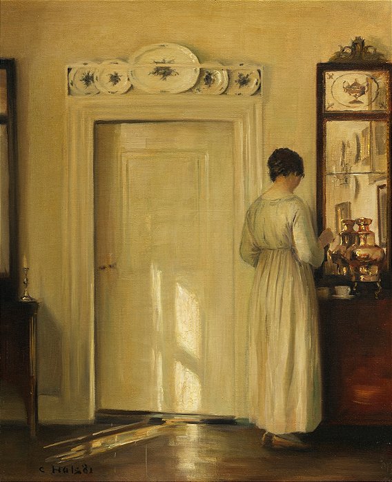 Interior com Frau beim Teekochen - Carl Holsøe