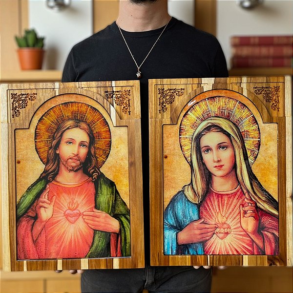 Quadro Entalhado 45cm - Sagrado e Imaculado Coração IV