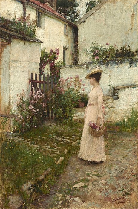 Colhendo flores num jardim de Devonshire - John William Waterhouse