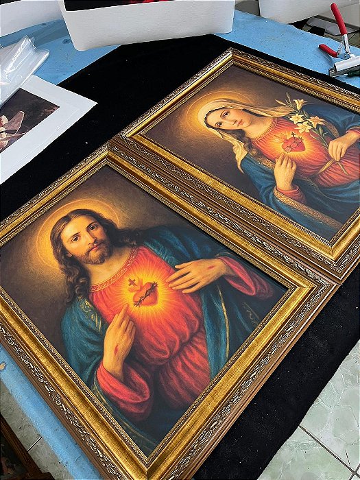 Quadro Sagrado Coração de Jesus e Imaculado Coração de Maria III - Tela Canvas