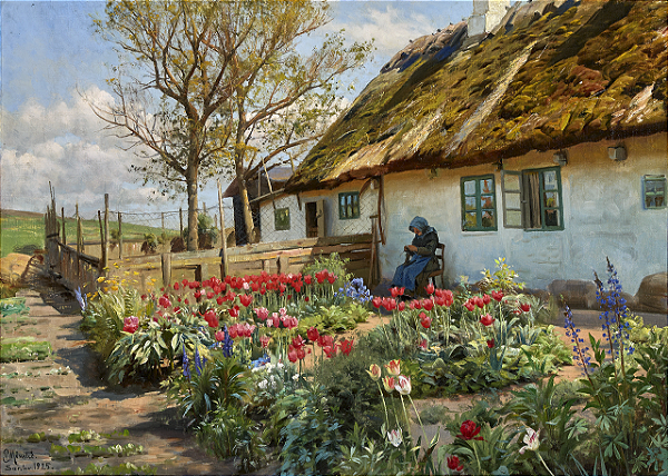 Dia de primavera junto a uma casa de campo com telhado de palha - Peder Mørk Mønsted