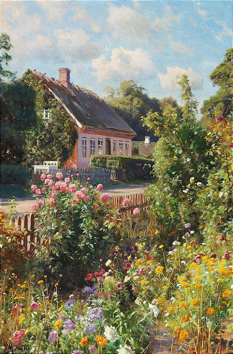 Jardim florido e casa de aldeia - Peder Mørk Mønsted