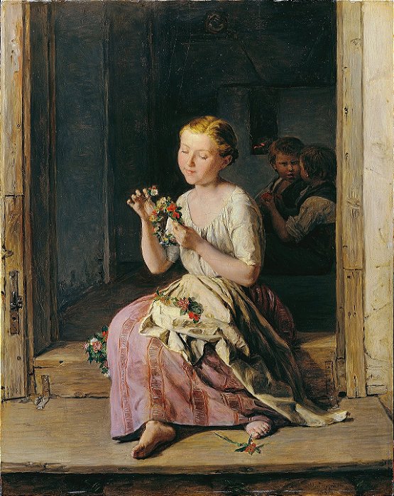 A Fazendeira Fazendo Coroas de Flores - Ferdinand Georg Waldmüller