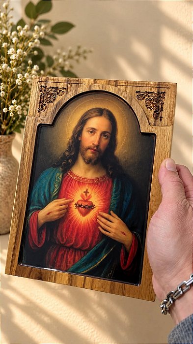 Quadro Entalhado Sagrado Coração Jesus 22cm