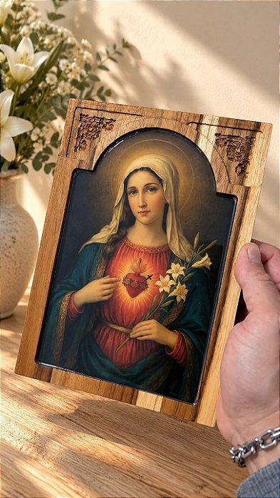 Quadro Entalhado Imaculado Coração de Maria 22cm
