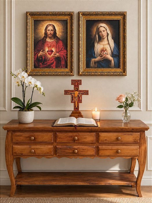 Quadro Sagrado Coração de Jesus e Imaculado Coração de Maria V - Tela Canvas