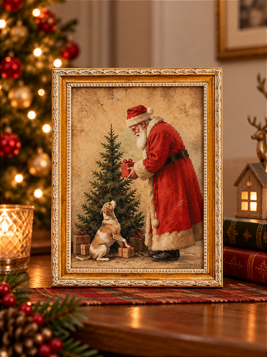 Quadro de Natal - Papai Noel com cachorro