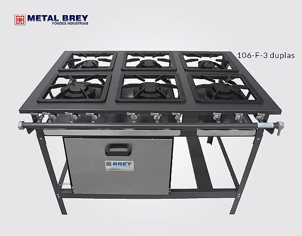 Fogão Industrial a Gás / 6 Bocas / 3 DUPLAS / FORNO / Linha Stand / Baixa Pressão / Metal Brey