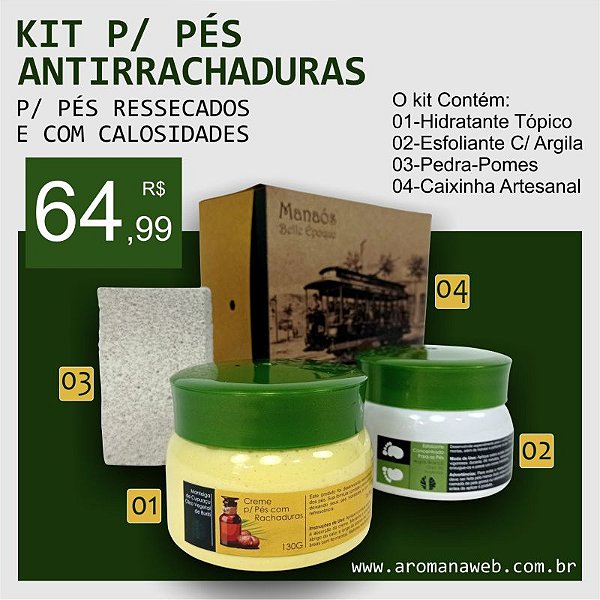 KIT PARA OS PÉS ANTIRRACHADURAS - 01 Creme Hidratante / 01 Esfoliante Argila / 01 Pedra-Pomes / 01 Caixinha Artesanal - UND