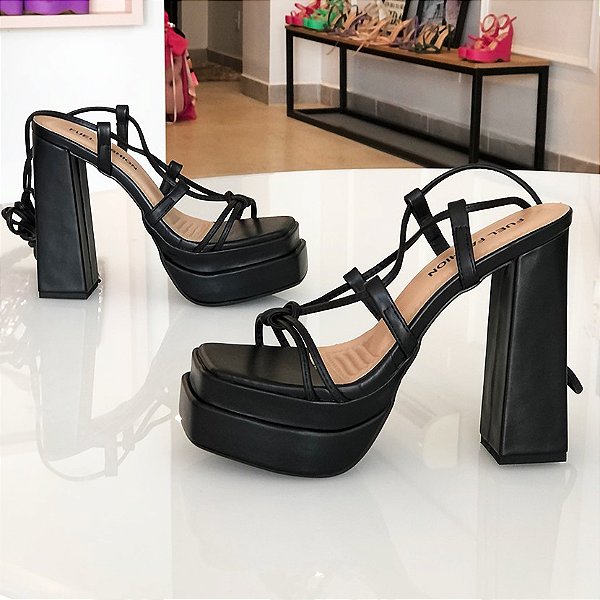 Sandália Plataforma Salto Bloco Alto Amarração Preta