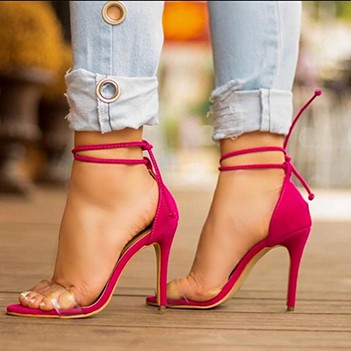 Sandália Delicada Salto Fino Alto Tira Transparente e Amarração Pink