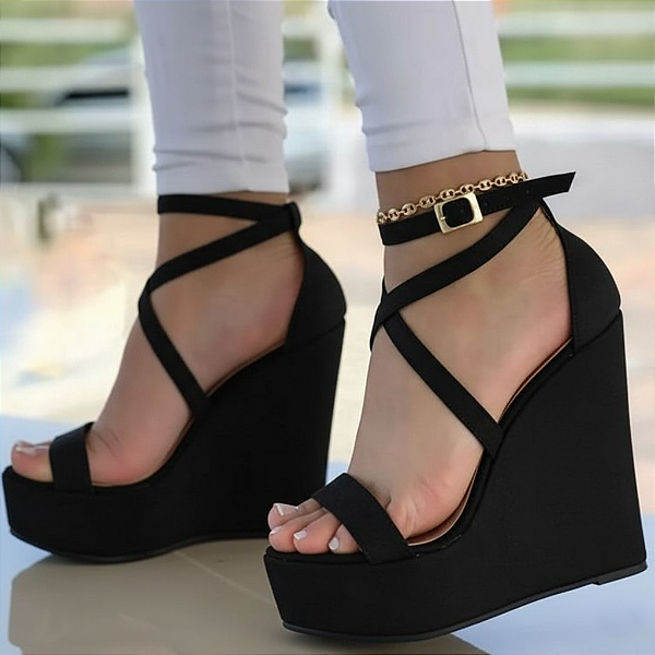 Plataforma Anabela Salto Alto Tiras Finas Cruzadas Preto