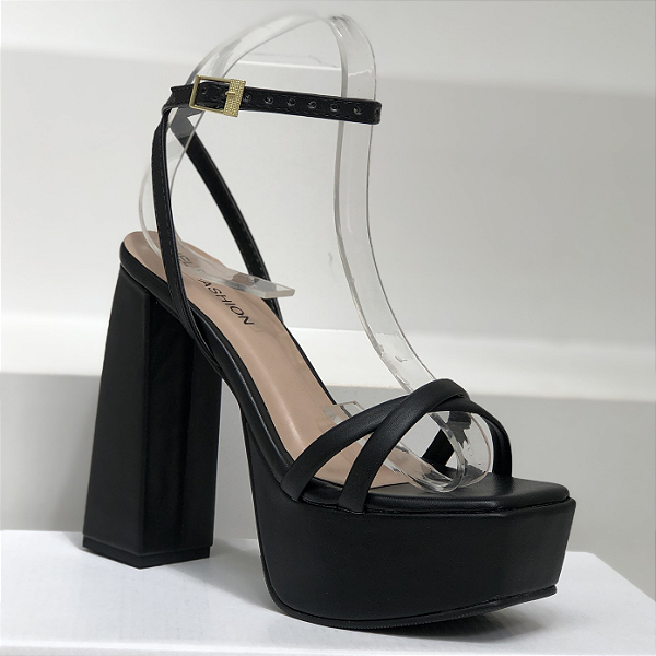 Sandália Meia Pata Salto Bloco Alto Tiras Duplas Preto