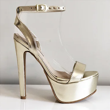 Sandália Plataforma Salto 15 cm Alça Fina Dourada Outlet