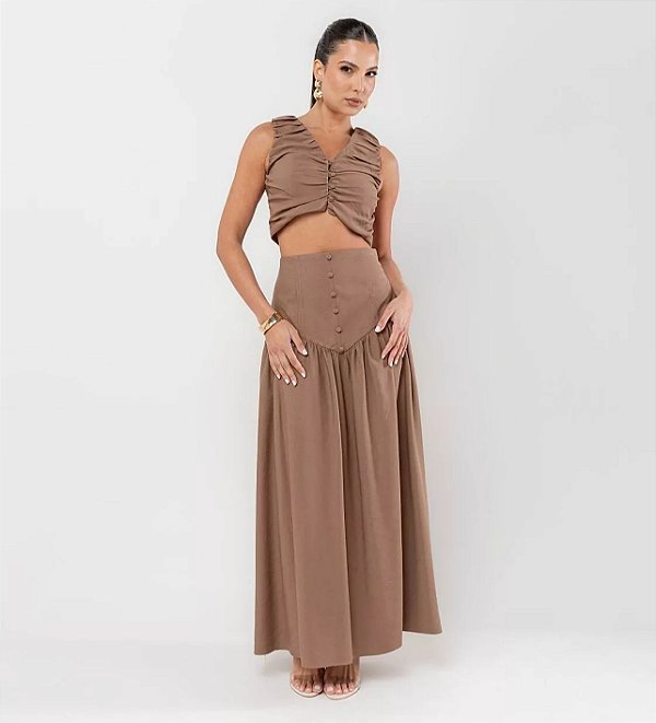 Conjunto Cropped Drapeado e Saia Longa Catarina Alfaiataria Nobre Cores
