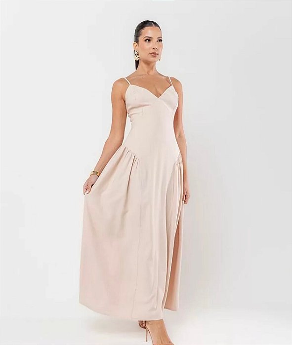 Vestido Longo Drapeado e Alcinha em Alfaiataria Nobre