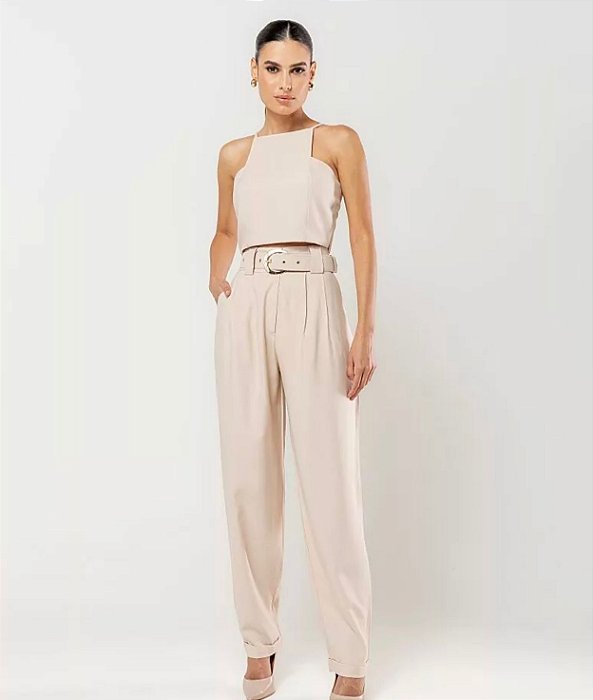Conjunto Cropped e Calça Cenoura com Cinto Alfaiataria Nobre