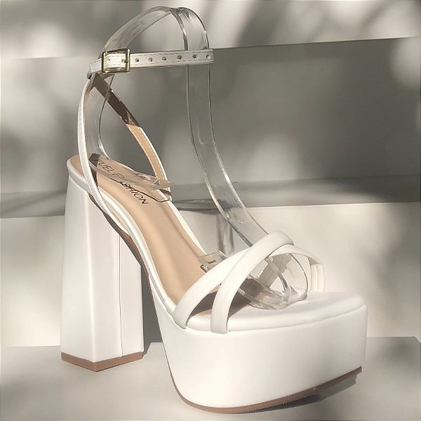 Sandália Meia Pata Salto Bloco Alto Tiras Duplas Branca