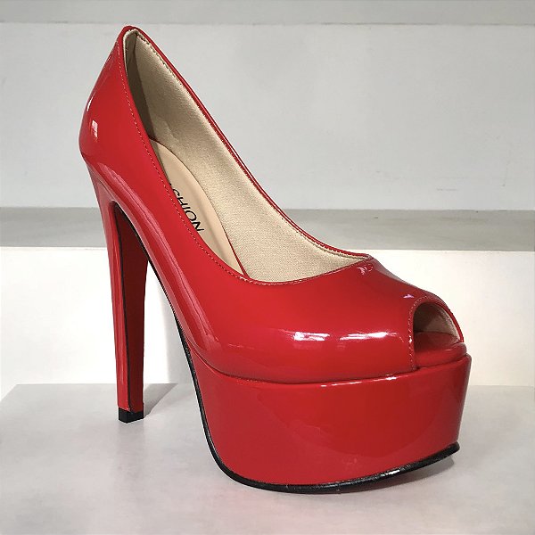 Peep Toe Meia Pata Salto 15cm Verniz Vermelho