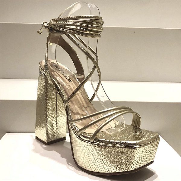 Sandália Plataforma Salto Bloco Amarração Ouro Light Snake