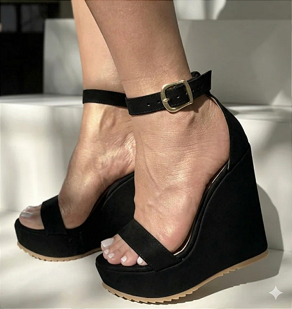 Anabela Sandália Feminina Salto Plataforma Tiras Média Salto 13 Preto