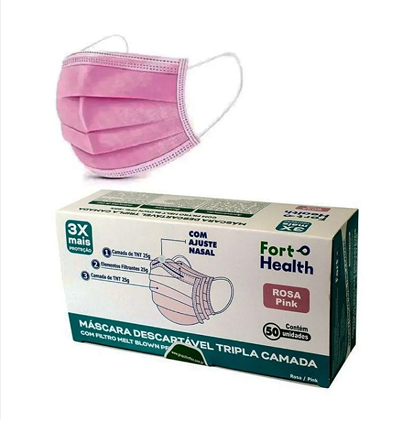 Mascara Descartavel Tripla Camada Fort Health Rosa 50 Unidades