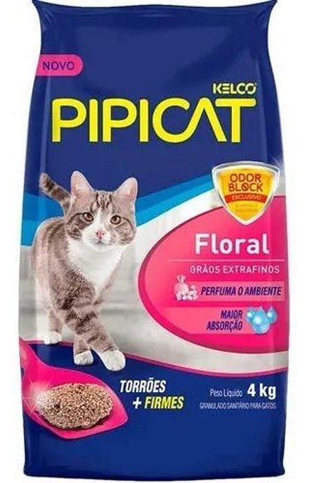Areia Higiênica Pipicat Floral Grãos Extra Finos Odor Block 4kg
