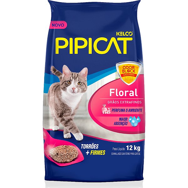 Areia Higiênica Pipicat Floral Grãos Extra Finos Odor Block 12kg