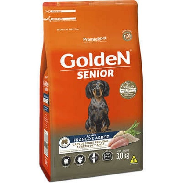 Golden 3kg Senior Mini Bits Frango Arroz Cães Ração Fórmula