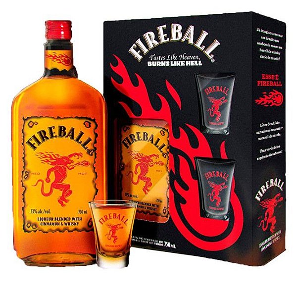 Licor Canadense Fireball Whisky e Canela 750ml com 2 copos de shot