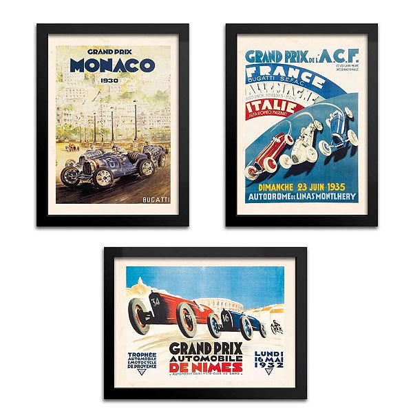 Kit 3 Quadros Carro Grand Prix - 23x33cm