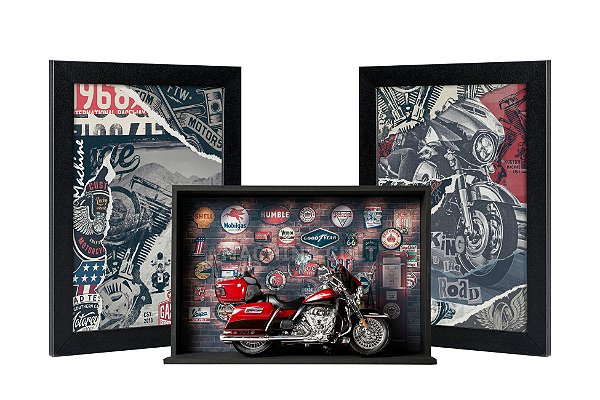 Kit Presente Harley-Davidson Electra Glide 1:12 + Expositor + Quadros