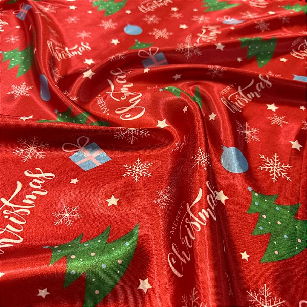Tecido Cetim Vermelho Merry Christmas 1,40m Decoração de Natal