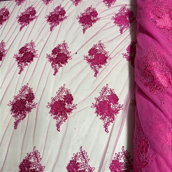Tule Bordado Pink Modelo Itália 1,35x1,00m Fios 3D Para Vestidos Femininos