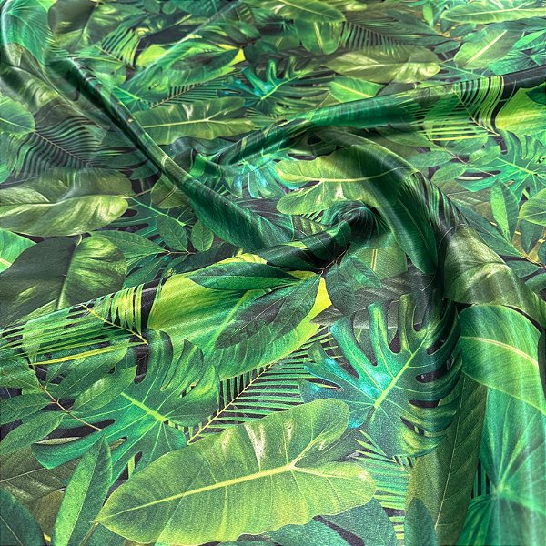 Tecido Cetim Estampado Digital Folhagens Verde 1,40m Artesanatos Adão e Eva
