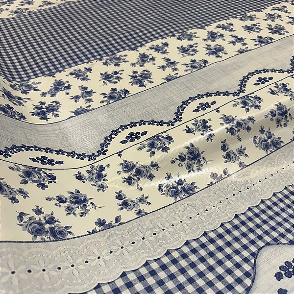Toalha de Mesa Estampa Florzinha Azul e Branco Pvc Térmica 1,40m Cozinha Decoração