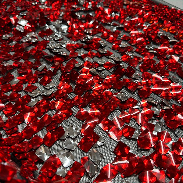 Tecido Tule Bordado Paetê Holográfico Metalic Vermelho 1,40m Para Roupas Fantasias Figurinos