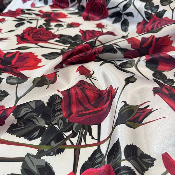 Tecido Cetim Estampado Rosas Vermelhas 1,40m Para Saias e Decorações