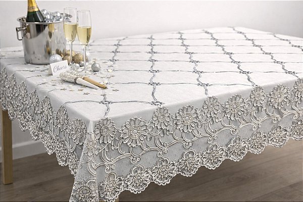 Toalha de Mesa Rendada Dourada e Prata Pvc Metalizada 1,40m Ano Novo Decoração 2025