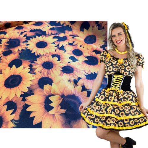 Tecido Cetim Estampado Digital Girassol Preto Festa Junina - 1,40m Decorações Festas Cenários