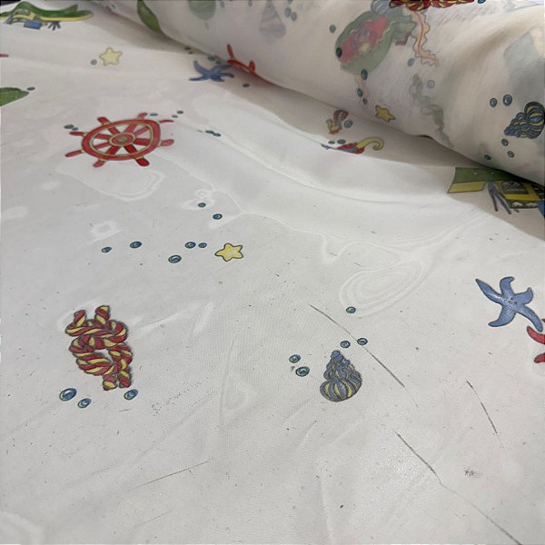 Tecido Voil Branco Estampado Marinheiro 1,40x1,00m para Cortinas