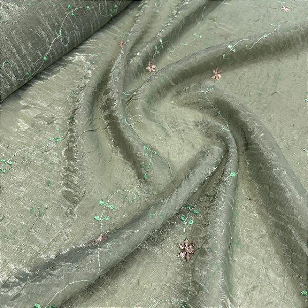ecido Organza Amassado Bordado Verde Musgo Florzinhas 2,70x1,00m Cortinas Decorações
