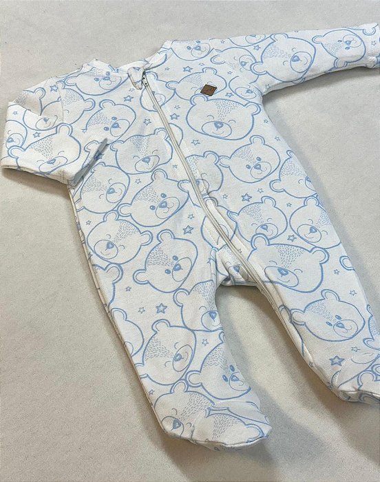Macacão de Zíper Estampado Ursinho Azul 100% Algodão Suedine - Anjos Baby