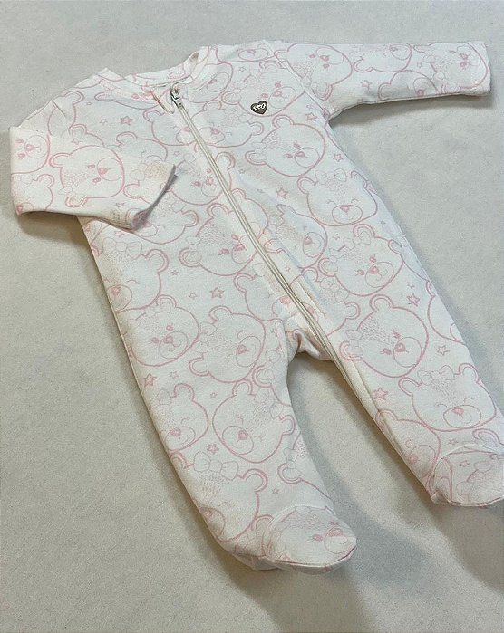 Macacão de Zíper Estampado Ursinho Rosa 100% Algodão Suedine - Anjos Baby