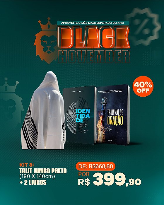 Kit 8 - Talit Jumbo Preto (190 x 140cm) + 2 Livros (DNA Espiritual + Tribunal de Oração)